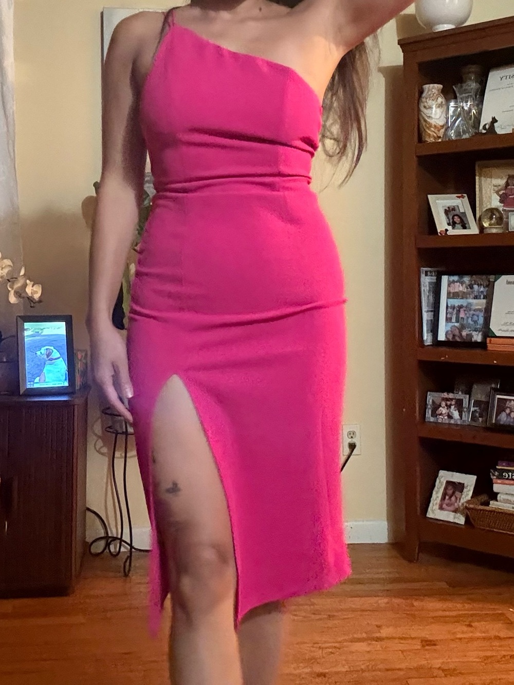 Hello Molly Hot Pink One-Shoulder Midi Dress with High Side Slit